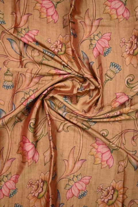 Tussar fancy saree beige color allover digital kalamkari prints and zari weaving border with printed pallu and plain blouse