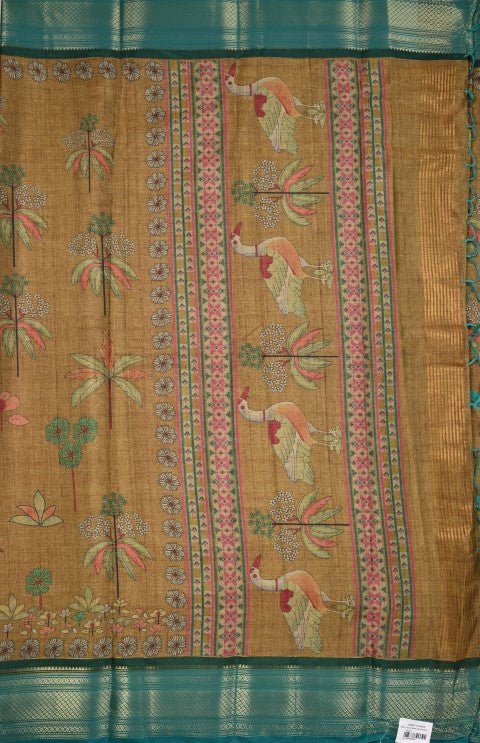 Tussar fancy saree peanut brown color allover digital kalamkari prints and zari weaving border with printed pallu and plain blouse