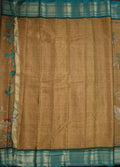 Tussar fancy saree peanut brown color allover digital kalamkari prints and zari weaving border with printed pallu and plain blouse