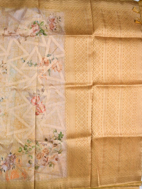 Tussar fancy saree brown color allover digital kalamkari prints and zari weaving border with printed pallu and plain blouse