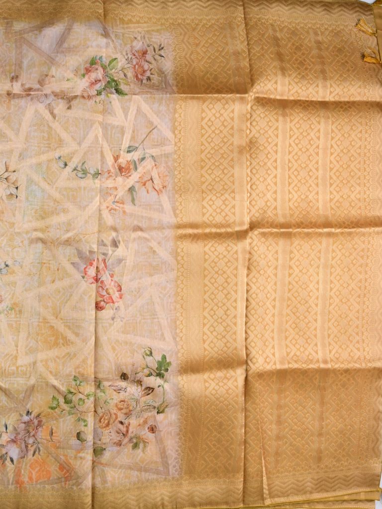 Chanderi fancy saree cream color allover digital prints, zari weaves & zari border with rich pallu and contrast blouse