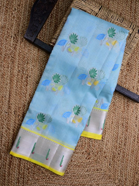 Tussar fancy saree olive green color allover digital kalamkari prints and zari weaving border with printed pallu and plain blouse