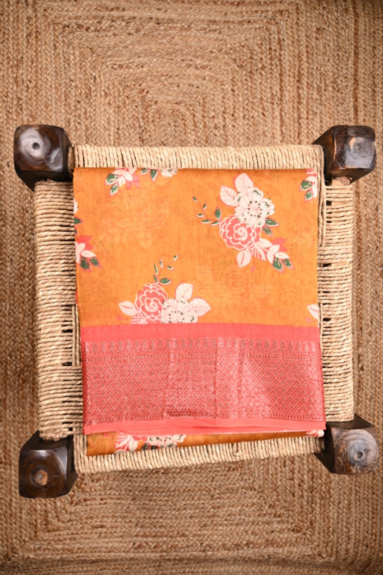 Tussar matka fancy saree orange color allover floral prints and zari weaving border with short pallu and plain blouse