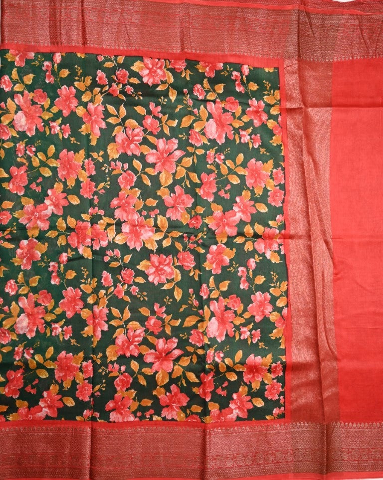 Tussar matka fancy saree bottle green color allover floral prints and zari weaving border with short pallu and plain blouse
