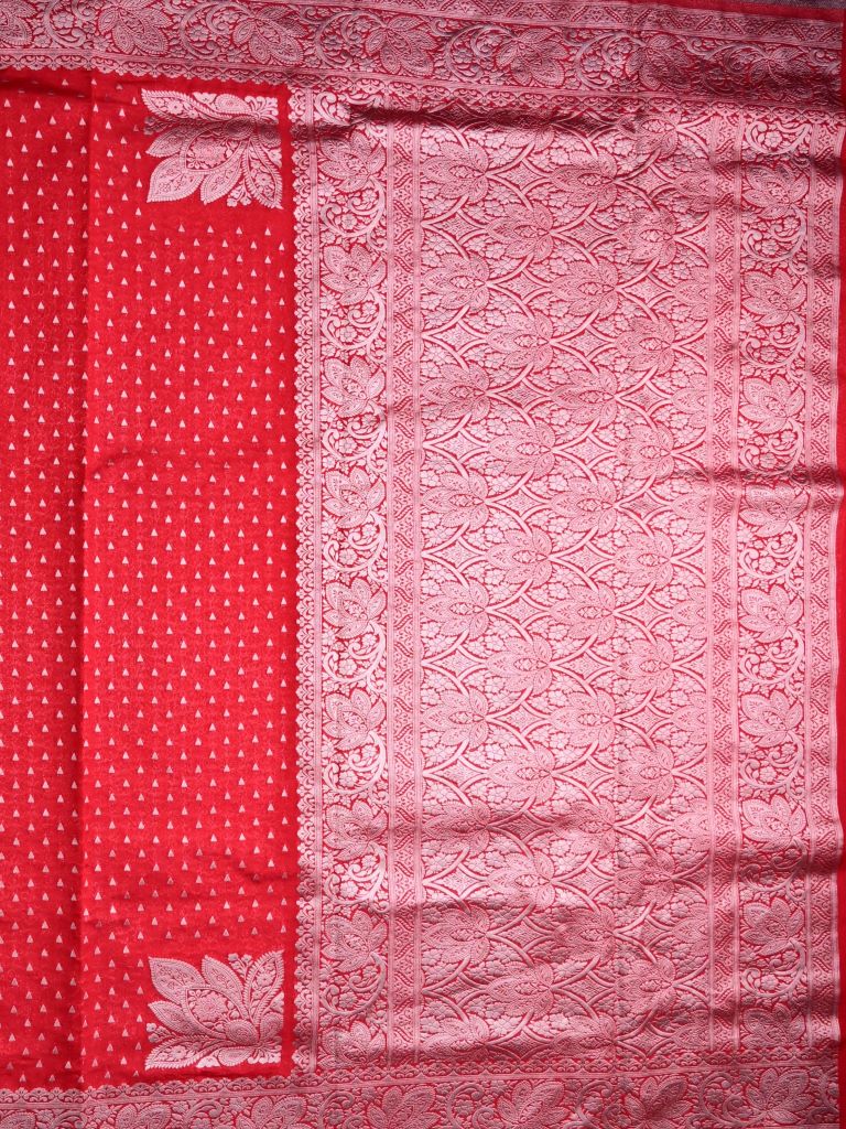 Dupion fancy saree red color allover zari motifs & silver zari border with rich pallu and brocade blouse