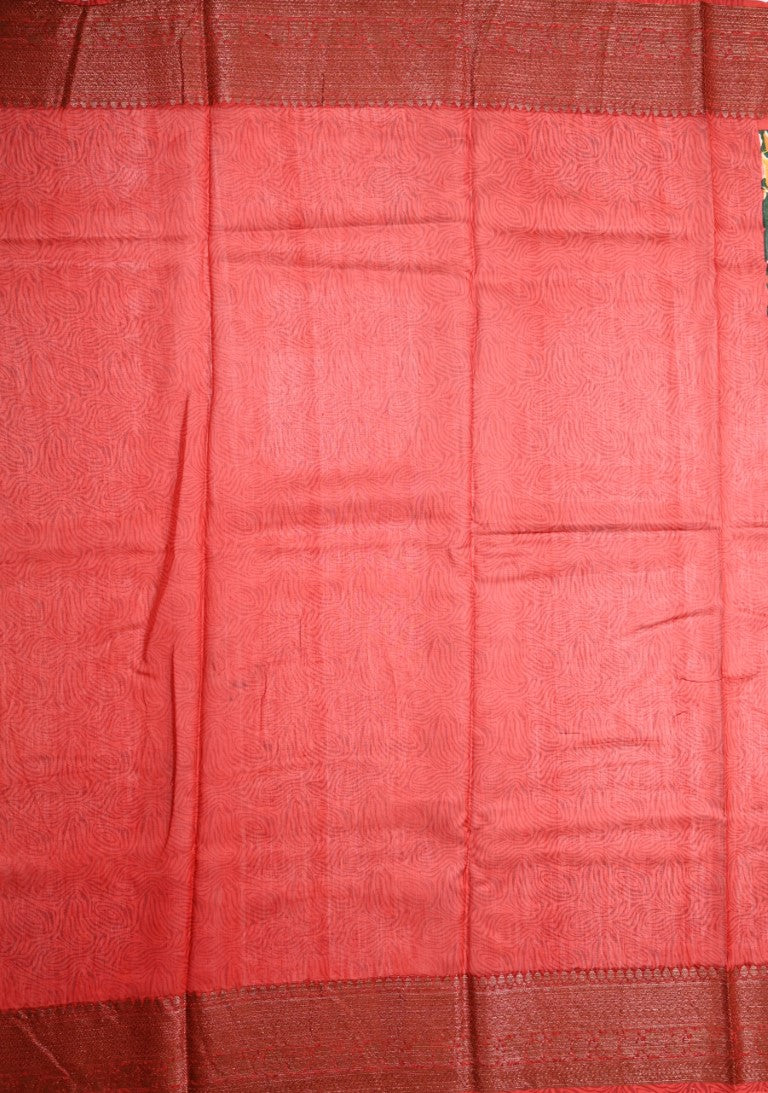 Tussar matka fancy saree bottle green color allover floral prints and zari weaving border with short pallu and plain blouse