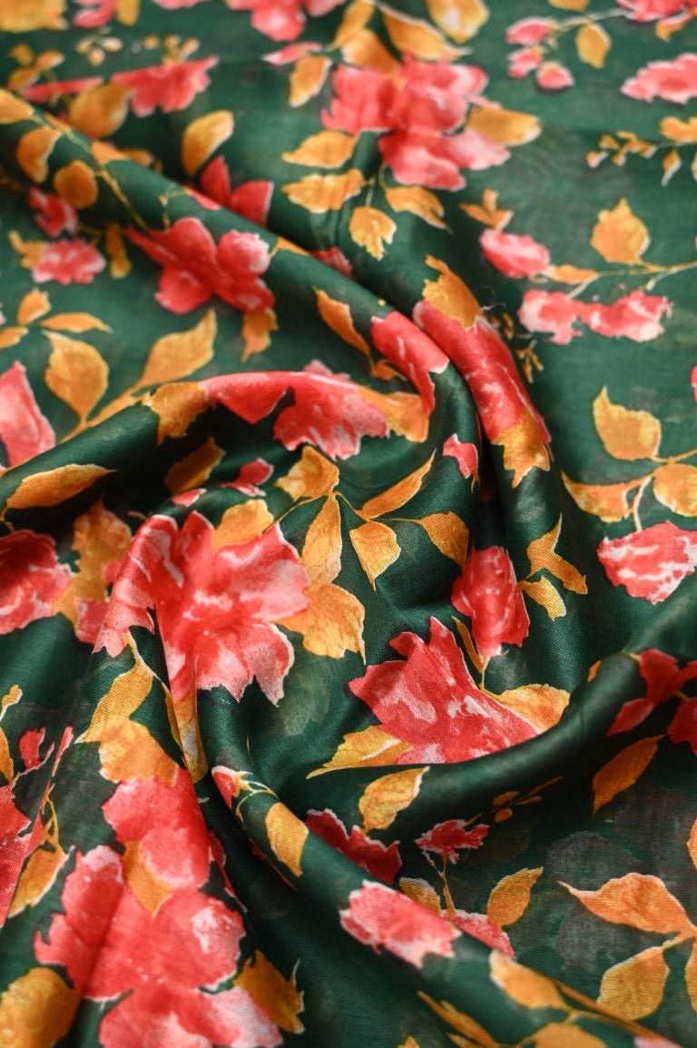 Tussar matka fancy saree bottle green color allover floral prints and zari weaving border with short pallu and plain blouse