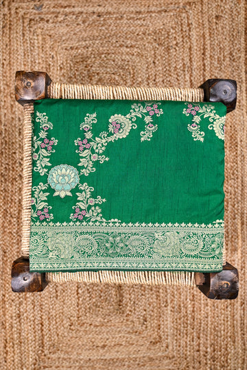 Dola silk saree green color with allover meenakari work, rich pallu, small zari border and running plain blouse.