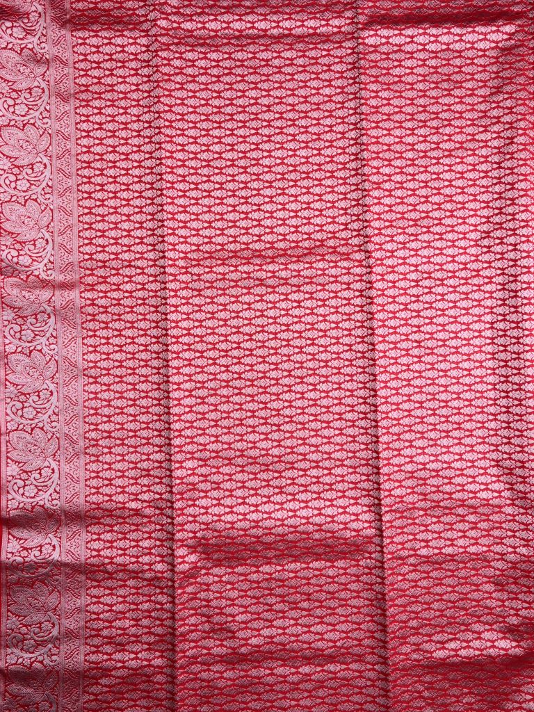 Dupion fancy saree red color allover zari motifs & silver zari border with rich pallu and brocade blouse