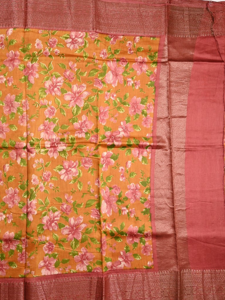 Tussar matka fancy saree golden yellow color allover floral prints and zari weaving border with short pallu and plain blouse