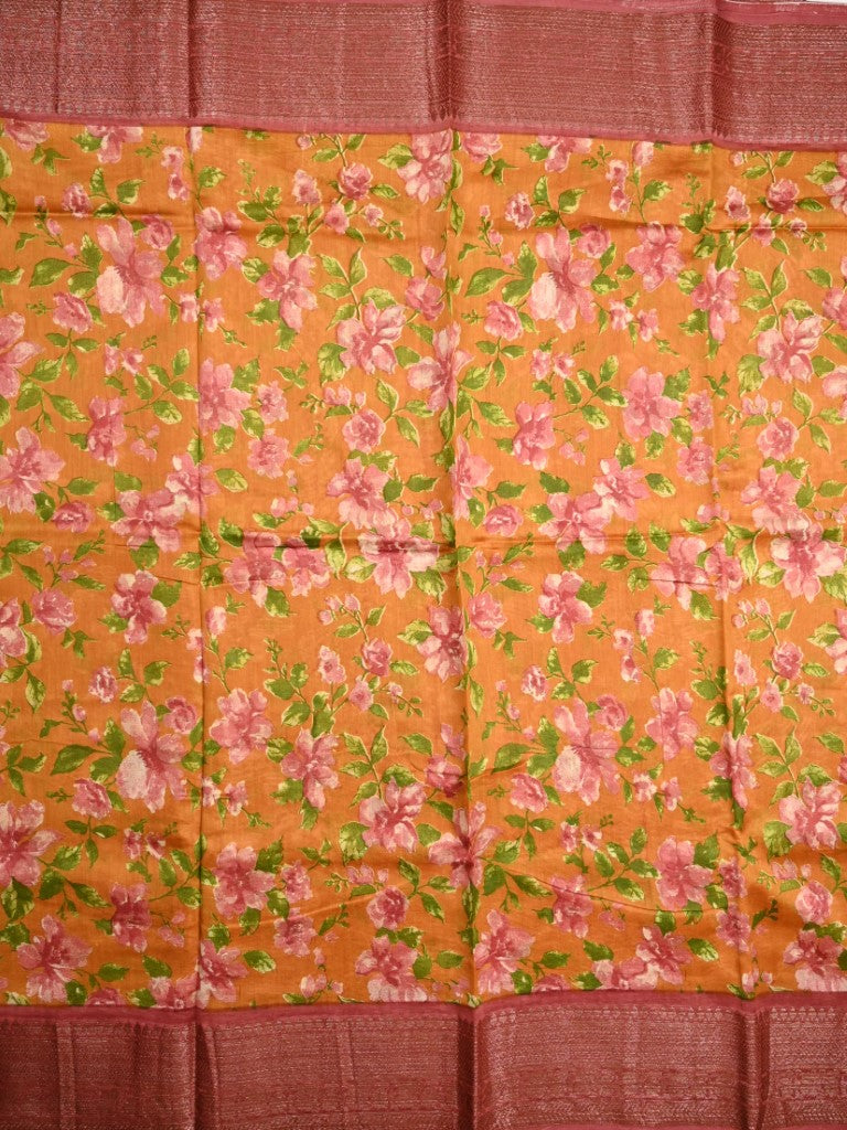 Tussar matka fancy saree golden yellow color allover floral prints and zari weaving border with short pallu and plain blouse