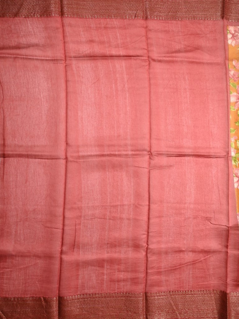 Tussar matka fancy saree golden yellow color allover floral prints and zari weaving border with short pallu and plain blouse