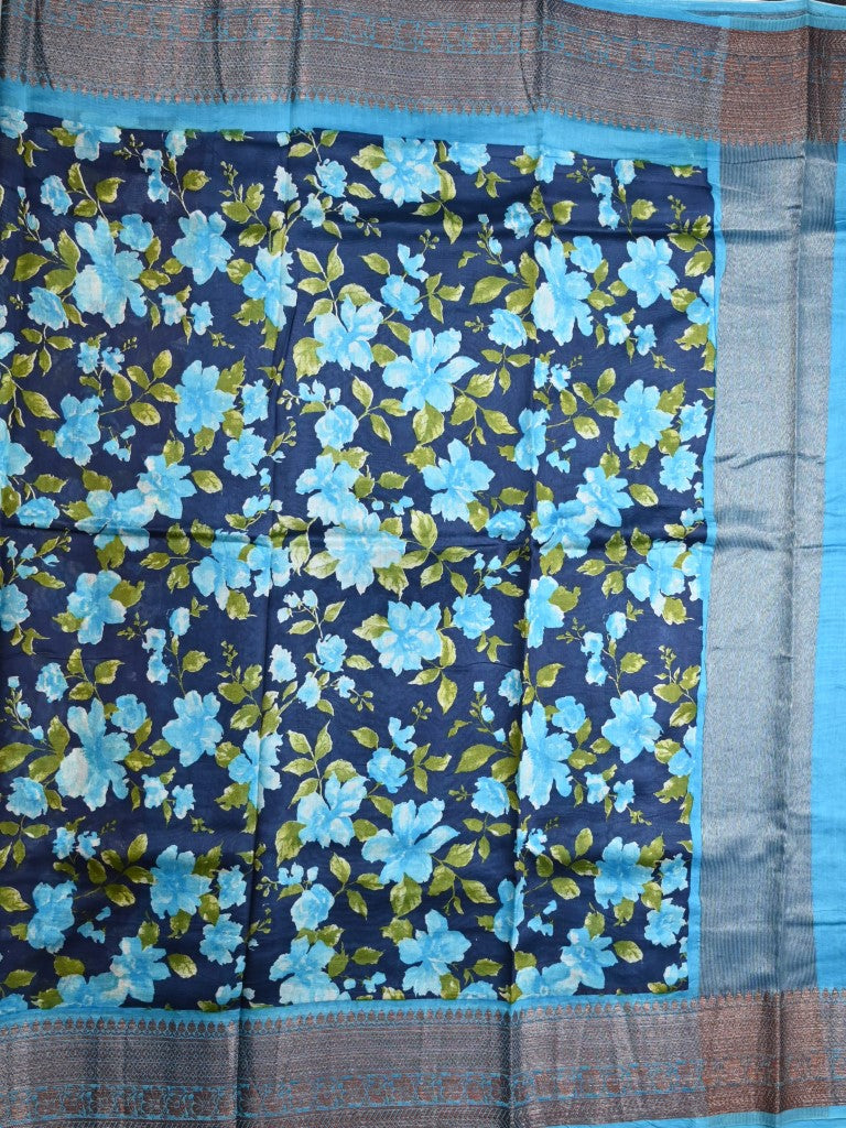 Tussar matka fancy saree navy blue color allover floral prints and zari weaving border with short pallu and plain blouse
