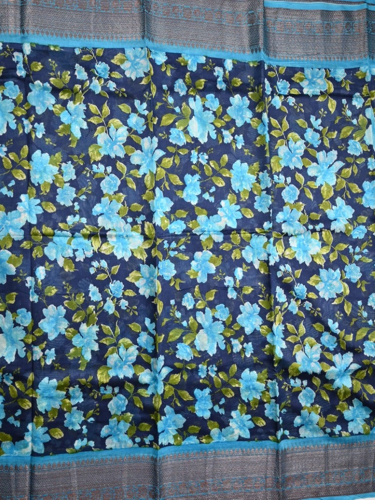 Tussar matka fancy saree navy blue color allover floral prints and zari weaving border with short pallu and plain blouse