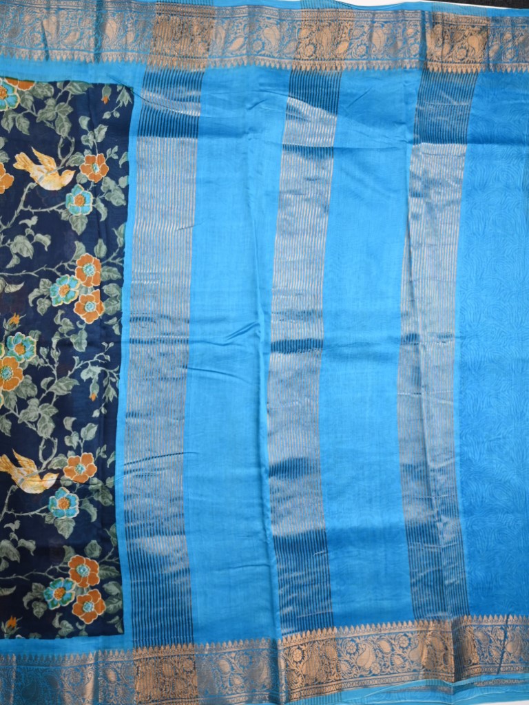Tussar matka fancy saree navy blue color allover floral prints and zari weaving border with short pallu and plain blouse