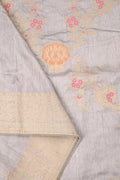 Dola silk saree ash color with allover meenakari work, rich pallu, small zari border and running plain blouse.