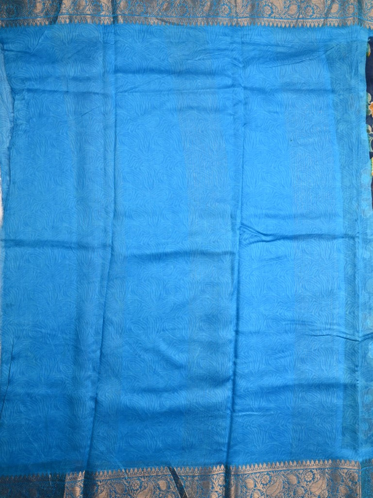Tussar matka fancy saree navy blue color allover floral prints and zari weaving border with short pallu and plain blouse