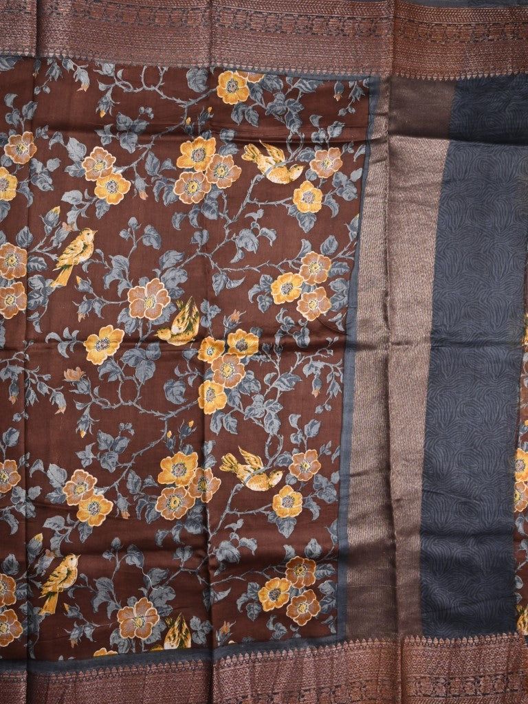 Tussar matka fancy saree brown color allover floral prints and zari weaving border with short pallu and plain blouse