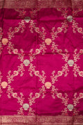 Dola silk saree wine color with allover meenakari work, rich pallu, small zari border and running plain blouse.
