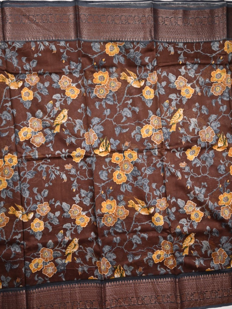 Tussar matka fancy saree brown color allover floral prints and zari weaving border with short pallu and plain blouse