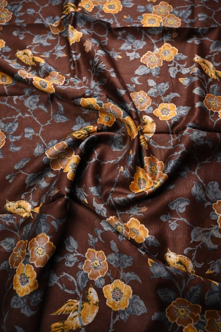 Tussar matka fancy saree brown color allover floral prints and zari weaving border with short pallu and plain blouse