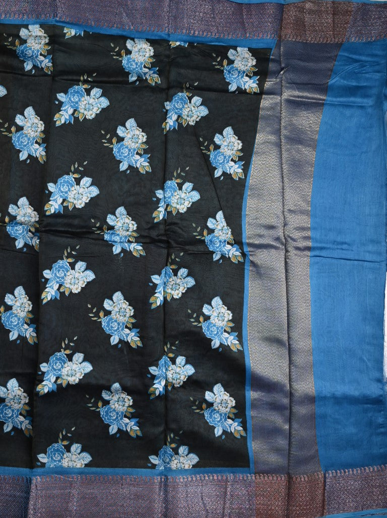 Tussar matka fancy saree black color allover floral prints and zari weaving border with short pallu and plain blouse