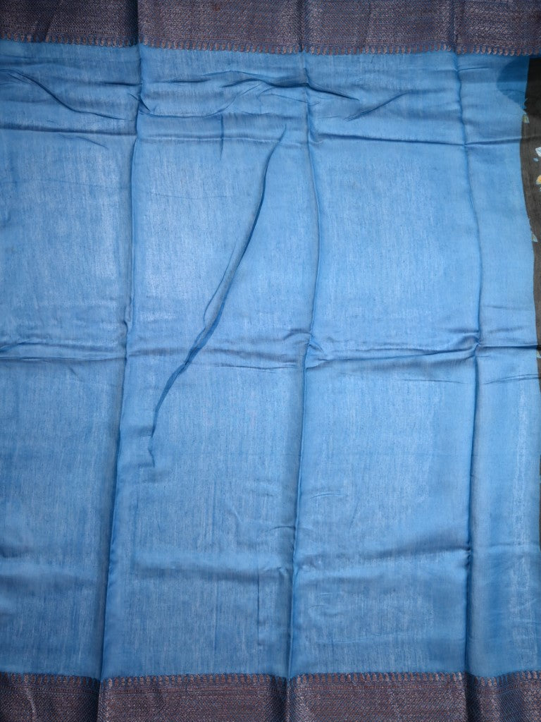 Tussar matka fancy saree black color allover floral prints and zari weaving border with short pallu and plain blouse