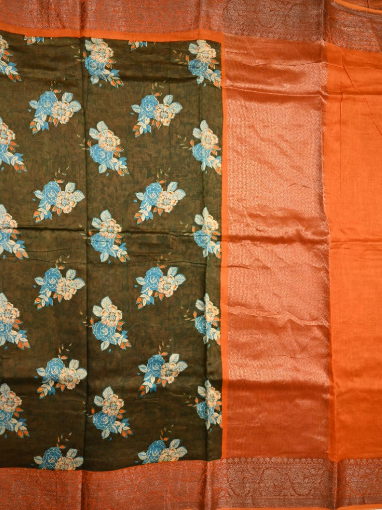 Tussar matka fancy saree olive green color allover floral prints and zari weaving border with short pallu and plain blouse