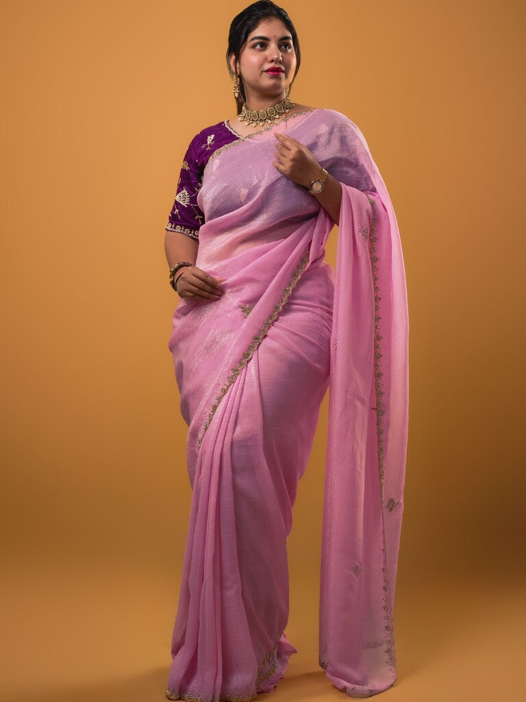Organza shimmer light purple color allover embroidery butis & embroidery border with running pallu and attached blouse