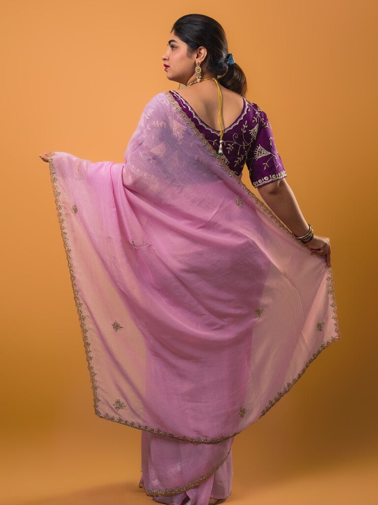 Organza shimmer light purple color allover embroidery butis & embroidery border with running pallu and attached blouse