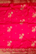 Dola silk saree dark pink color with allover meenakari motives, rich pallu, small zari border and running plain blouse.