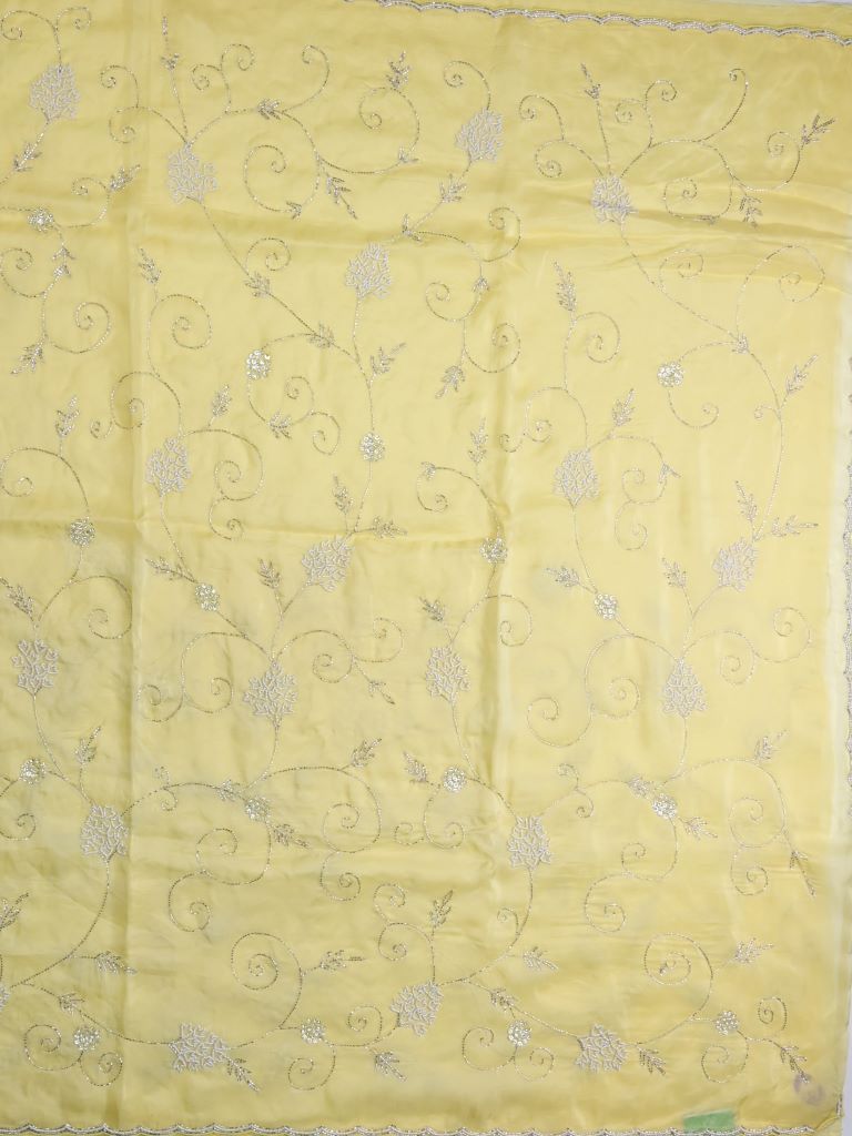 Organza fancy saree lemon yellow color allover zari weaves and zari weaving border with rich pallu and attached plain blouse