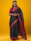 Dhaka cotton saree grey color allover plain & zari border with contrast plain pallu and plain blouse
