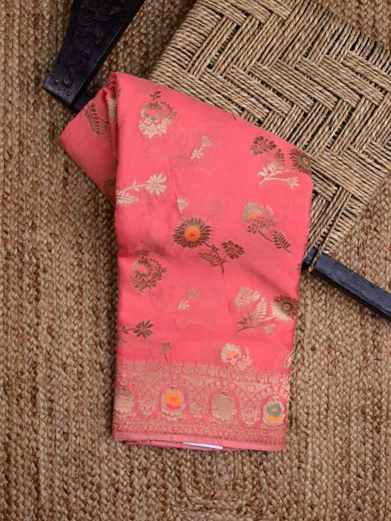 Chinnon fancy saree coral pink color allover zari weaves & zari border with rich pallu and attached self blouse