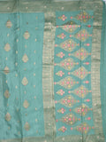 Chinnon fancy saree cyan blue color allover zari weaves & zari border with rich pallu and plain self blouse