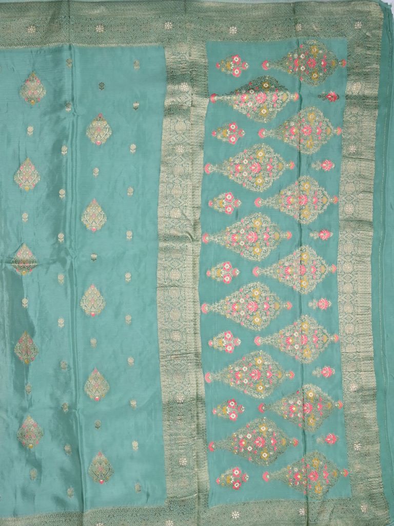 Chinnon fancy saree cyan blue color allover zari weaves & zari border with rich pallu and plain self blouse