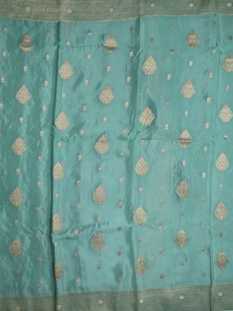 Chinnon fancy saree cyan blue color allover zari weaves & zari border with rich pallu and plain self blouse