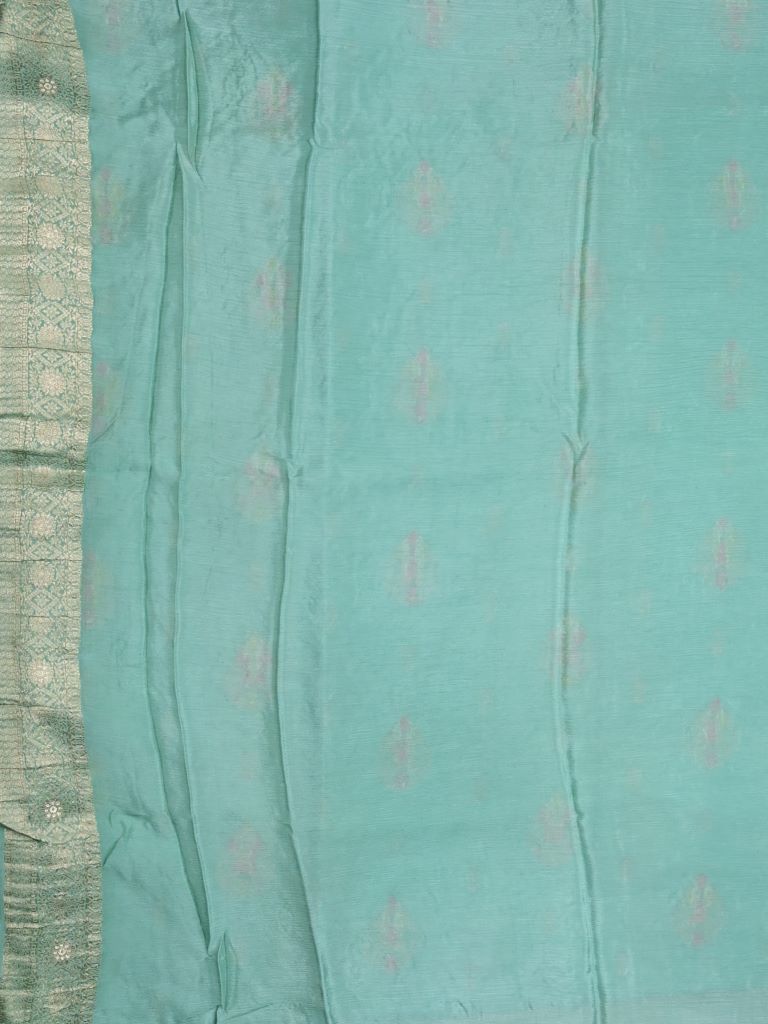 Chinnon fancy saree cyan blue color allover zari weaves & zari border with rich pallu and plain self blouse
