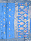 Chinnon fancy saree sky blue color allover zari weaves & zari border with rich pallu and plain self blouse