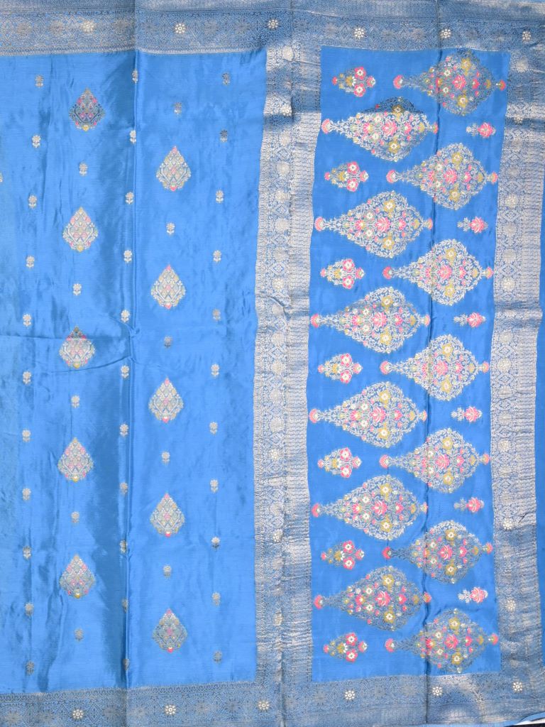 Chinnon fancy saree sky blue color allover zari weaves & zari border with rich pallu and plain self blouse