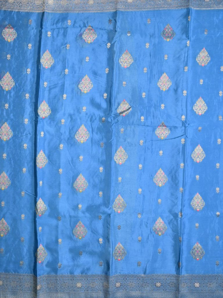 Chinnon fancy saree sky blue color allover zari weaves & zari border with rich pallu and plain self blouse