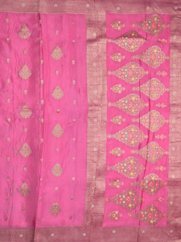 Banaras fancy saree magenta color allover zari stripes & zari weaving kanchi border with rich pallu and contrast zari motifs blouse
