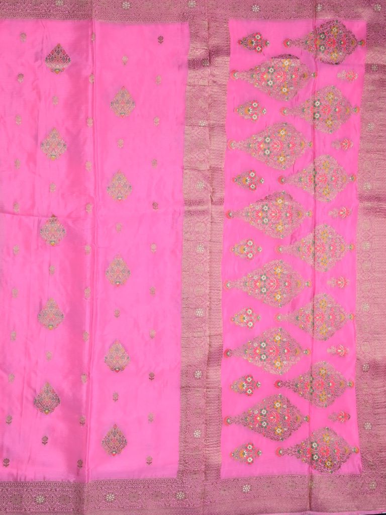 Banaras fancy saree dark pink color allover zari stripes & zari weaving kanchi border with rich pallu and contrast zari motifs blouse