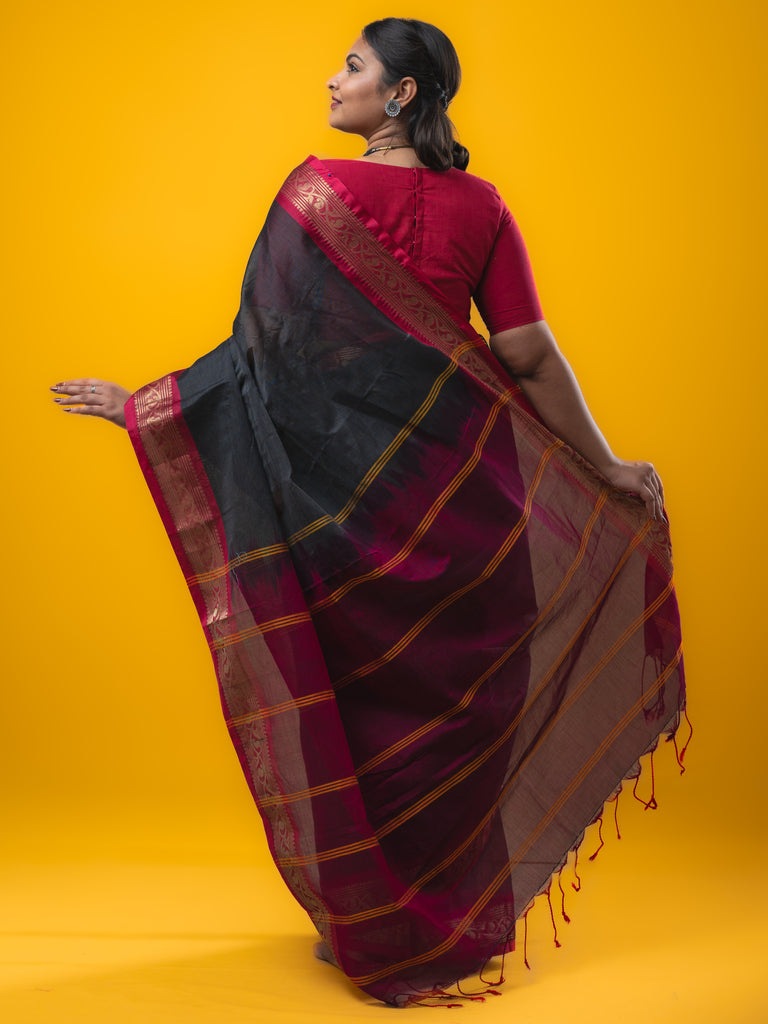 Dhaka cotton saree grey color allover plain & zari border with contrast plain pallu and plain blouse