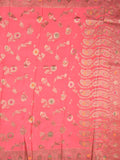 Chinnon fancy saree coral pink color allover zari weaves & zari border with rich pallu and attached self blouse