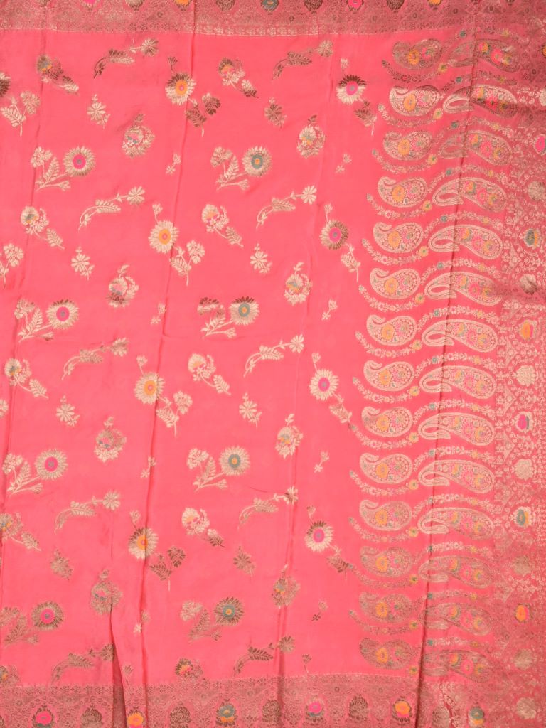 Chinnon fancy saree coral pink color allover zari weaves & zari border with rich pallu and attached self blouse