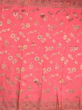 Chinnon fancy saree coral pink color allover zari weaves & zari border with rich pallu and attached self blouse
