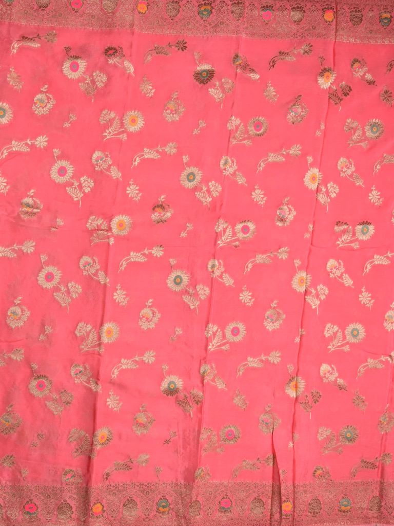 Chinnon fancy saree coral pink color allover zari weaves & zari border with rich pallu and attached self blouse