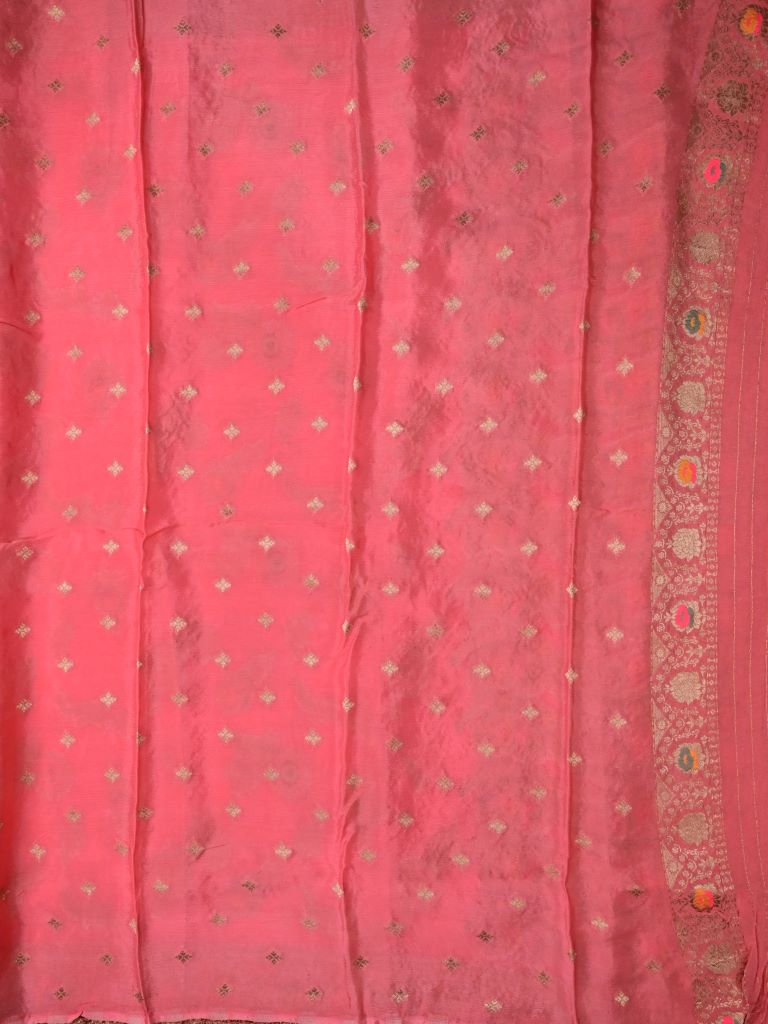 Chinnon fancy saree coral pink color allover zari weaves & zari border with rich pallu and attached self blouse