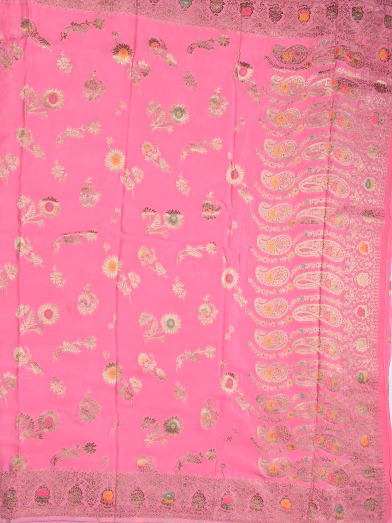 Chinnon fancy saree light pink color allover zari weaves & zari border with rich pallu and attached self blouse